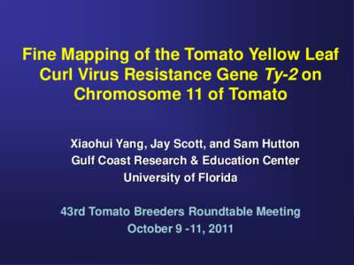 Fine Mapping of the Tomato Yellow Leaf Curl Virus Resistance Gene Ty-2 on Chromosome 11 of Tomato Xiaohui Yang, Jay Scott, and Sam Hutton Gulf Coast Research & Education Center University of Florida