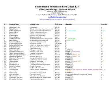 Fauro Island Systematic Bird Check List (Shortland Group), Solomon Islands Shortlands group, Solomon Islands 6 54 53s55e Compiled by Michael K. Tarburton, Pacific Adventist University, PNG. [To communicate re-typ