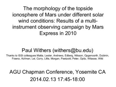 The morphology of the topside ionosphere of Mars under different solar wind conditions: Results of a multiinstrument observing campaign by Mars Express in 2010 Paul Withers ([removed]) Thanks to ISSI colleagues Matt