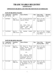 TRADE MARKS REGISTRY AHMEDABAD OPPOSITION HEARING LIST FOR THE MONTH OF OCTOBER-2014 DATE OF HEARING[removed]Sr. Application/ No. R. T. M. No.