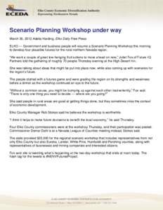 Scenario Planning Workshop under way March 30, 2012 Adella Harding, Elko Daily Free Press ELKO — Government and business people will resume a Scenario Planning Workshop this morning to develop four plausible futures fo
