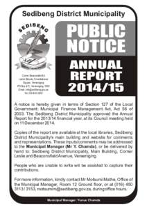 Sedibeng District Municipality  PUBLIC NOTICE Corner Beaconsfield & Leslie Streets, Constitutional