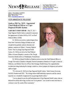 Andrea McCoy, M.D., Appointed Chief Medical Officer at Cape Regional Health System