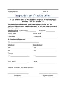 Property address  Permit # Inspection Verification Letter  *** ALL PERMITS MUST BE PULLED PRIOR TO START OF WORK PER 2007