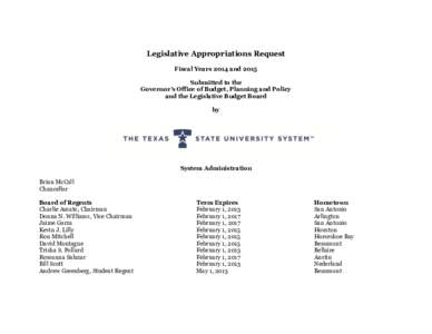 Legislative Appropriations Request Fiscal Years 2014 and 2015 Submitted to the Governor’s Office of Budget, Planning and Policy and the Legislative Budget Board by