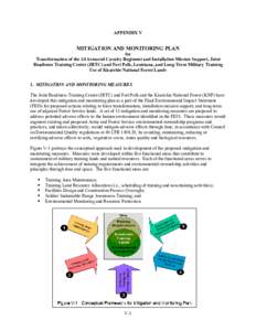 APPENDIX V  MITIGATION AND MONITORING PLAN for Transformation of the 2d Armored Cavalry Regiment and Installation Mission Support, Joint Readiness Training Center (JRTC) and Fort Polk, Louisiana, and Long-Term Military T