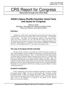 NASA's Space Shuttle Columbia: Quick Facts and Issues for Congress