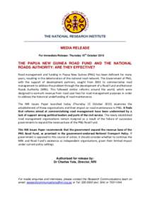 THE NATIONAL RESEARCH INSTITUTE ________________________________________________________ MEDIA RELEASE For immediate Release: Thursday 15th October 2015