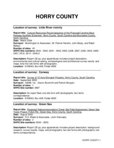 HORRY COUNTY Location of survey: Little River vicinity Report title: Cultural Resources Reconnaissance of the Proposed Carolina Bays Parkway Northern Extension, Horry County, South Carolina and Brunswick County, North Ca
