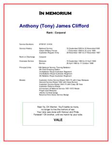 In memorium Anthony (Tony) James Clifford Rank : Corporal Service Numbers