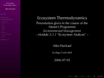 Ecosystem Thermodynamics Aiko Huckauf Review Ecosystem Thermodynamics