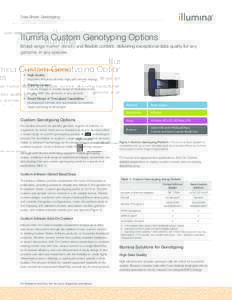 Data Sheet: Genotyping  Illumina Custom Genotyping Options Broad range marker density and flexible content, delivering exceptional data quality for any genome, in any species.