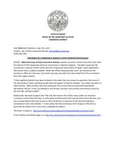 STATE OF IDAHO OFFICE OF THE SECRETARY OF STATE LAWERENCE DENNEY FOR IMMEDIATE RELEASE - July 27th, 2017 Contact: Sec of State Lawerence Denney, 