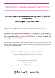 Brazilian Waxing • Vajazzling • Labiaplasty • Genital Piercing  All these practices are contemporary forms of genital modification.  What do you think about this?