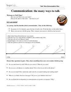 Talk Time Conversation Plan  Communication: the many ways to talk Welcome to Talk Time! How are you? How was your week? Discuss the idiom of the week – “Get back to you”