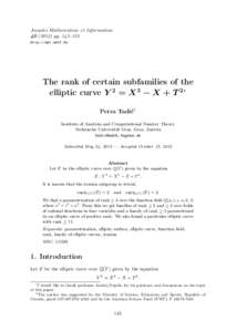 Annales Mathematicae et Informaticae[removed]pp. 145–153 http://ami.ektf.hu The rank of certain subfamilies of the elliptic curve Y 2 = X 3 − X + T 2∗