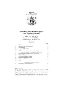 Reprint as at 13 July 2011 Inspector-General of Intelligence and Security Act 1996 Public Act
