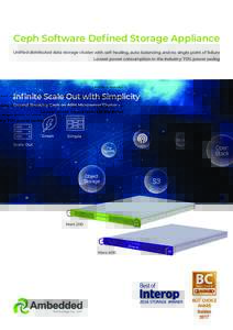 Ceph Software Defined Storage Appliance Unified distributed data storage cluster with self-healing, auto-balancing and no single point of failure Lowest power consumption in the industry: 70% power saving Infinite Scale 