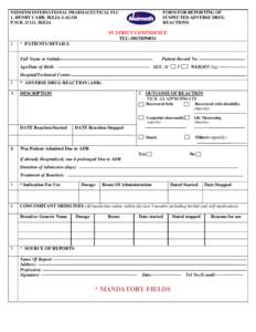 FORM FOR REPORTING OF SUSPECTED ADVERSE DRUG REACTIONS NEIMETH INTERNATIONAL PHARMACEUTICAL PLC