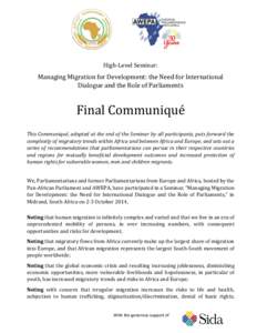 High-Level Seminar:  Managing Migration for Development: the Need for International Dialogue and the Role of Parliaments  Final Communiqué