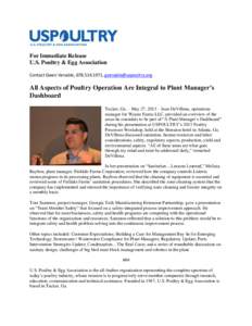 For Immediate Release U.S. Poultry & Egg Association Contact Gwen Venable, ,  All Aspects of Poultry Operation Are Integral to Plant Manager’s Dashboard