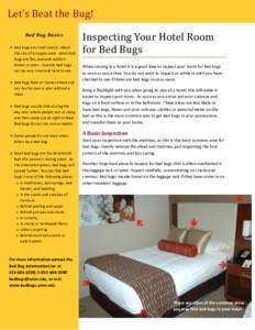 Let’s Beat the Bug! Bed Bug Basics  Bed bugs are small insects, about the size of an apple seed. Adult bed bugs are flat, oval and reddishbrown in color. Juvenile bed bugs can be very small and hard to see.