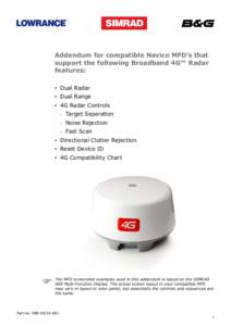 Addendum for compatible Navico MFD’s that support the following Broadband 4G™ Radar features: •• 	Dual Radar •• 	Dual Range •• 4G Radar Controls
