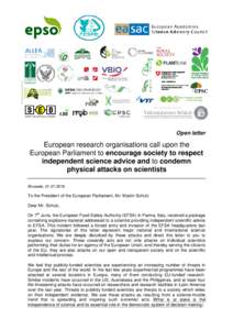 Open letter  European research organisations call upon the European Parliament to encourage society to respect independent science advice and to condemn physical attacks on scientists
