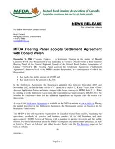 News release - MFDA Hearing Panel accepts Settlement Agreement with Donald Welsh