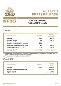 July 22, 2015  PRESS RELEASE PUBLICIS GROUPE First-half 2015 results