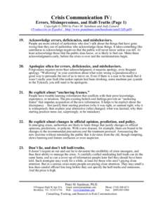 Crisis Communication IV: Errors, Misimpressions, and Half-Truths (Page 1) Copyright © 2004 by Peter M. Sandman and Jody Lanard (Traducción en Español – http://www.psandman.com/handouts/sand12dS.pdf)  19.