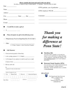 Please complete this form and send it with your gift to: The Office of Annual Giving C/O Mark Rudloff - 27 Old Main - University Park, PADate: ______________ If PSU graduate, year of graduation ___________ Name: _