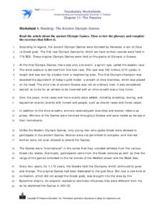 Vocabulary Worksheets th  Understanding and Using English Grammar, 4 Edition Chapter 11: The Passive Worksheet 1. Reading: The Ancient Olympic Games