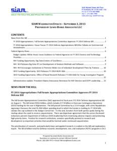 SIAM WASHINGTON UPDATE – SEPTEMBER 3, 2013 PREPARED BY LEWIS-BURKE ASSOCIATES LLC CONTENTS News from the Hill ............................................................................................................