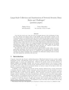 Large-Scale Collection and Sanitization of Network Security Data: Risks and Challenges∗ (position paper) Phillip Porras  Vitaly Shmatikov