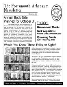 The Portsmouth Athenæum Newsletter Summer, 2009 Annual Book Sale Planned for October 3