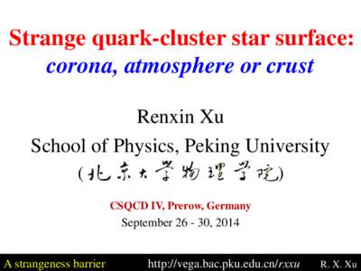 Strange quark-cluster star surface: corona, atmosphere or crust Renxin Xu School of Physics, Peking University (