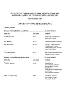 THE NATIONAL CAPITAL CHESAPEAKE BAY CHAPTER OF THE NATIONAL ACADEMY OF TELEVISION ARTS AND SCIENCES ANNOUNCES THE 2005 EMMY® AWARD RECIPIENTS *Denotes Awardees