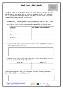 Sarah Hurst – Worksheet 2  Sarah Hurst worked as an Indentured Servant, she was a poor child, put into the care of Abraham Hays, a linen weaver, until the age of 21. Indentured Servants were contracted to work for an e
