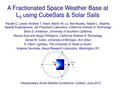 A Fractionated Space Weather Base at L5 using CubeSats & Solar Sails Paulett C. Liewer, Andrew T. Klesh, Martin W. Lo, Neil Murphy, Robert L. Staehle, Vassilis Angelopoulos, Jet Propulsion Laboratory, California Institut