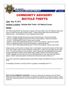 Interim Chief of Police Jeff Hutchison COMMUNITY ADVISORY BICYCLE THEFTS Date: May 18, 2015