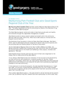 Microsoft Word - Good Sports Awards_VIC Maribyrnong Park Regional Winner_Media Release Oct 2013