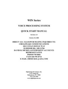 WIN Series VOICE PROCESSING SYSTEM QUICK START MANUAL Revision 1.0 October 20, 2000