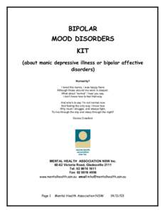 BIPOLAR MOOD DISORDERS KIT (about manic depressive illness or bipolar affective disorders) Normality?