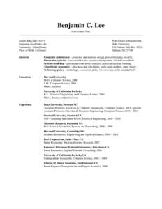 Benjamin C. Lee Curriculum Vitae people.duke.edu/∼bcl15  Nationality: United States