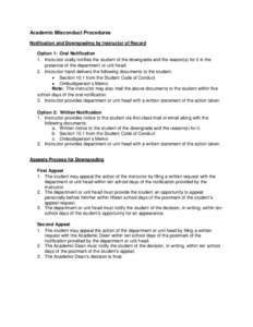 Academic Misconduct Procedures Notification and Downgrading by Instructor of Record Option 1: Oral Notification 1. Instructor orally notifies the student of the downgrade and the reason(s) for it in the presence of the d