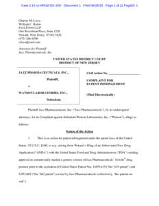 Case 2:15-cvES-JAD Document 1 FiledPage 1 of 11 PageID: 1  Charles M. Lizza William C. Baton SAUL EWING LLP One Riverfront Plaza, Suite 1520