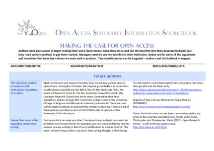        OPEN ACCESS SCHOLARLY INFORMATION SOURCEBOOK MAKING THE CASE FOR OPEN ACCESS