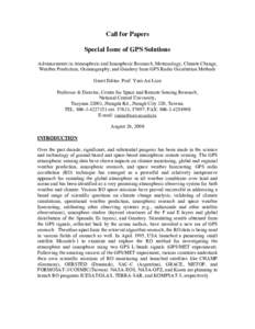 Call for Papers Special Issue of GPS Solutions Advancements in Atmospheric and Ionospheric Research, Meteorology, Climate Change, Weather Prediction, Oceanography, and Geodesy from GPS Radio Occultation Methods Guest Edi
