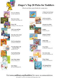 Zinger’s Top 20 Picks for Toddlers Check out these great books for young ones. I Love my Mommy by Giles Andreae (E)  The Cutest Critter